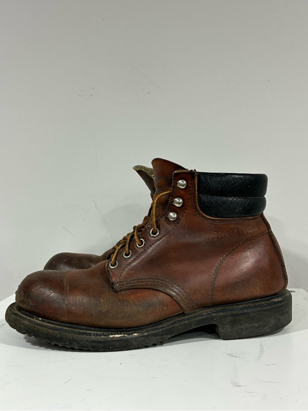 Vintage Red Wing Round Toe Work Boots Brown Leather Size 8